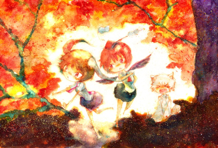 shameimaru aya, inubashiri momiji, and himekaidou hatate (touhou) drawn by yashijin