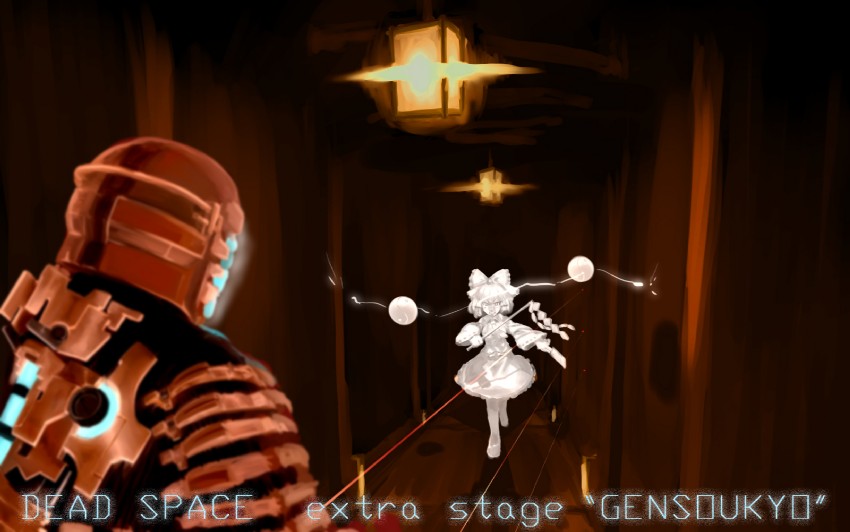 hakurei reimu and isaac clarke (touhou and 1 more) drawn by oonishi_jun
