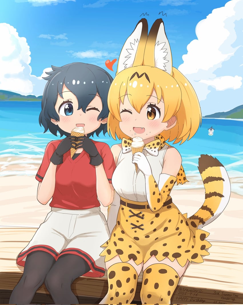 serval, kaban, and common dolphin (kemono friends) drawn by travellerll