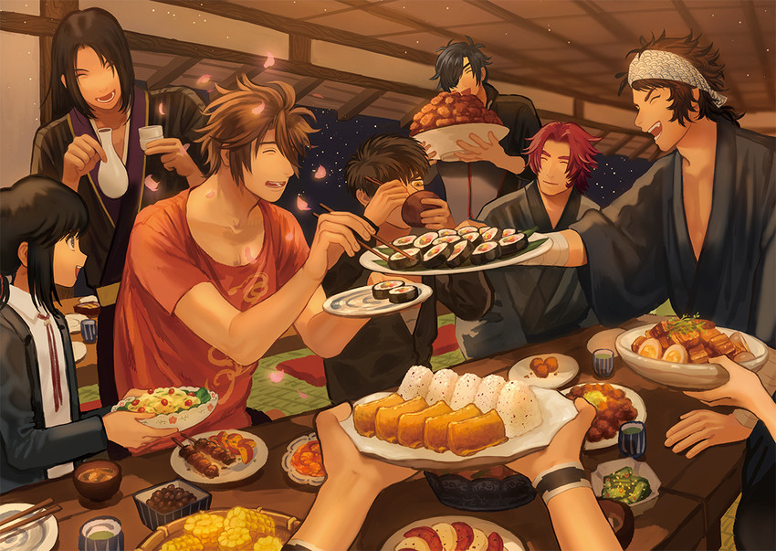 namazuo toushirou, shokudaikiri mitsutada, doudanuki masakuni, tonbokiri, mutsu-no-kami yoshiyuki, and 2 more (touken ranbu) drawn by jinkichi