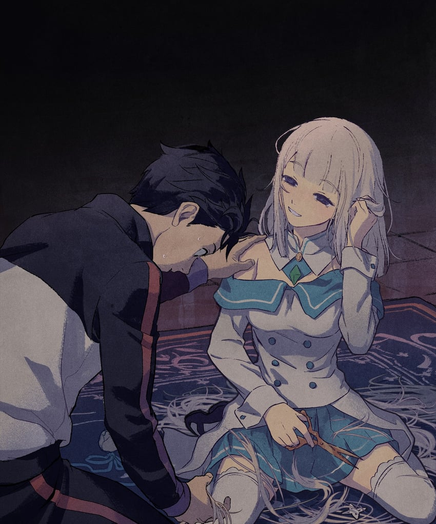 emilia and natsuki subaru (re:zero kara hajimeru isekai seikatsu and 1 more) drawn by iwamushi
