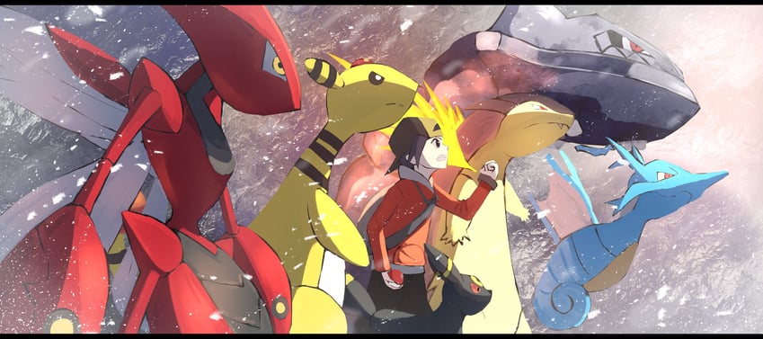 ethan, umbreon, typhlosion, ampharos, scizor, and 2 more (pokemon and 1 more) drawn by zeroartwo