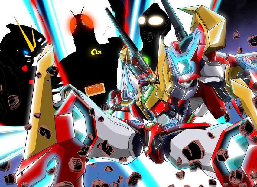 f91 gundam, kamen rider black rx, ultraman great, compatible kaiser, and g compatible kaiser (gundam and 10 more) drawn by yuuki_(gatama)