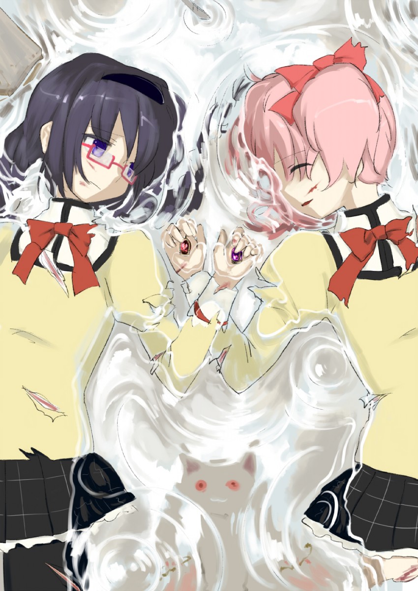 akemi homura, kaname madoka, and kyubey (mahou shoujo madoka magica) drawn by chagen_kokimu
