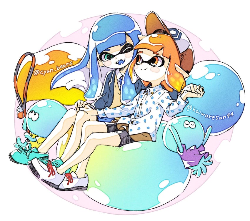inkling player character, inkling girl, and jellyfish (splatoon and 1 more) drawn by sen_squid