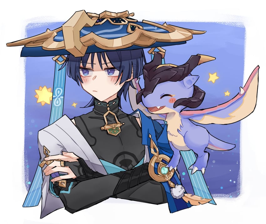scaramouche, wanderer, and mini durin (genshin impact) drawn by itsuki9a232001