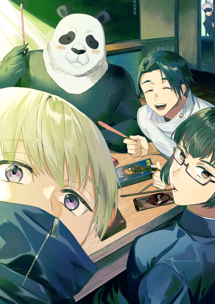 gojou satoru, zen'in maki, okkotsu yuuta, inumaki toge, and panda (jujutsu kaisen) drawn by s_o_i