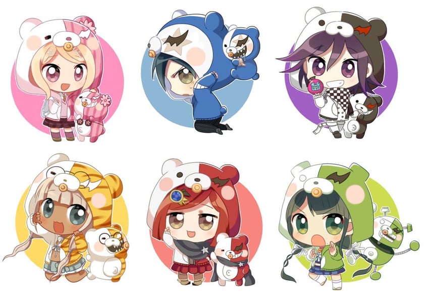 oma kokichi, saihara shuichi, akamatsu kaede, monokuma, yumeno himiko, and 7 more (danganronpa and 1 more) drawn by soramame_(s0ramameeeee)