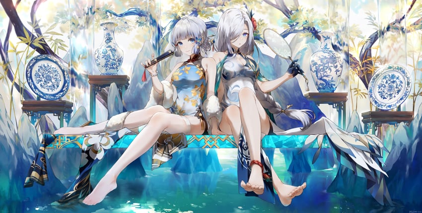kamisato ayaka and shenhe (genshin impact) drawn by swkl:d