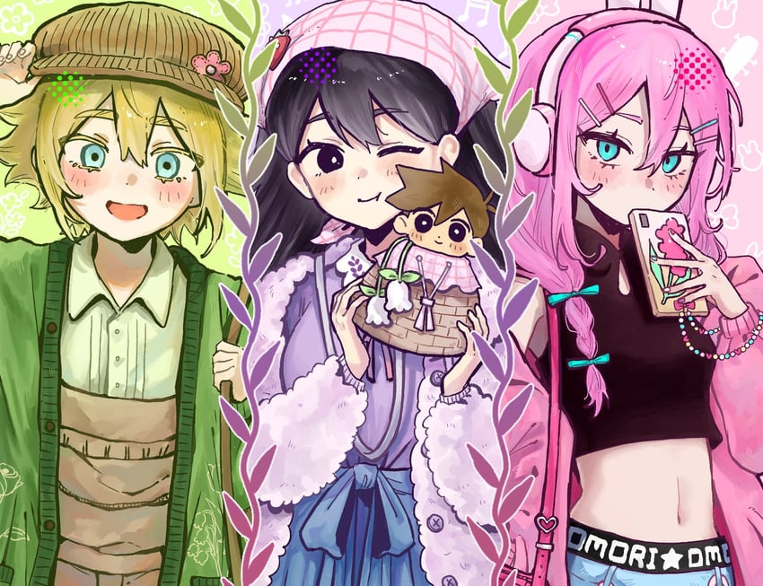 hero, basil, mari, and aubrey (omori) drawn by rou_(h_s_sinrin)
