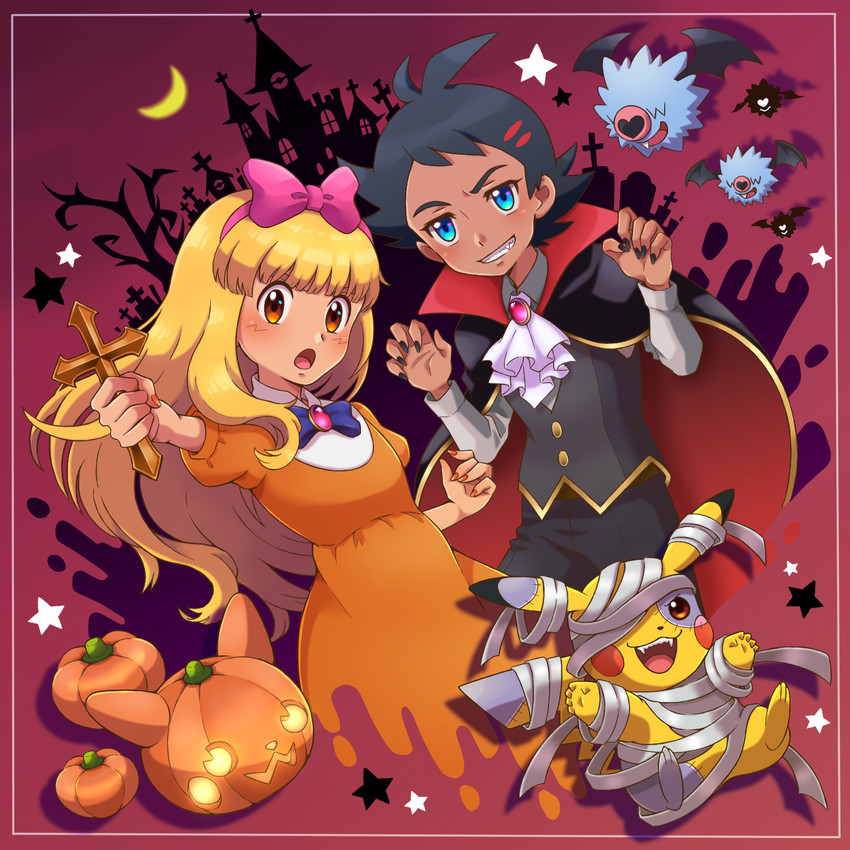pikachu, ash ketchum, goh, woobat, and ashley (pokemon and 1 more) drawn by cyaneko