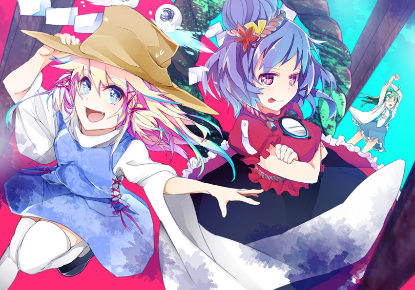 kochiya sanae, moriya suwako, yasaka kanako, and pyonta (touhou) drawn by saden_(magumo)