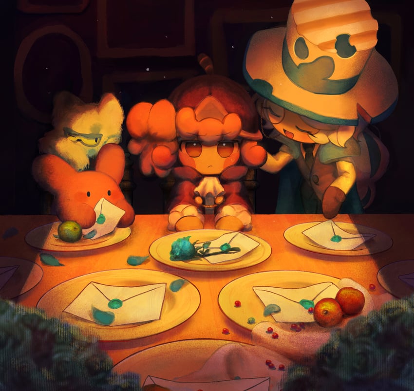 walnut cookie, roguefort cookie, junior sleuth ted, and lord crumbles iii (cookie run and 1 more) drawn by akibevillage