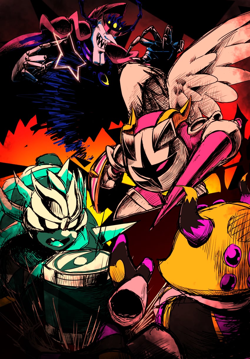 galacta knight, nightmare, dark taranza, and king d-mind (kirby and 2 more) drawn by kanatera_k