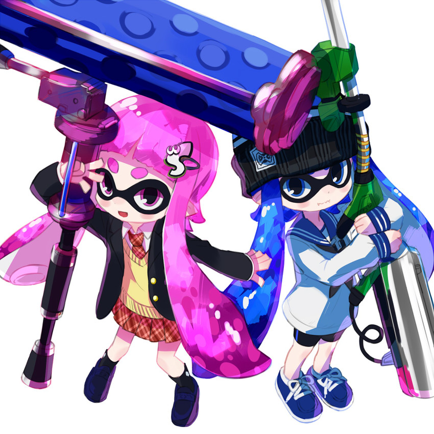 inkling player character and inkling girl (splatoon and 1 more) drawn by kingin