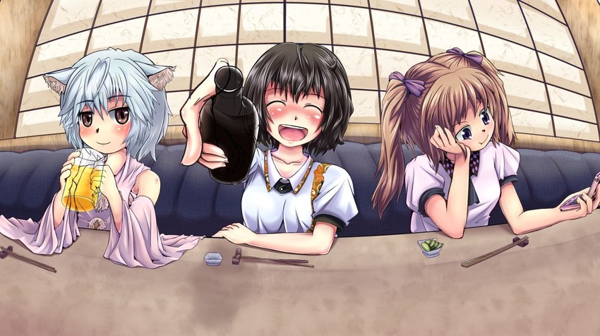shameimaru aya, inubashiri momiji, and himekaidou hatate (touhou) drawn by adworse