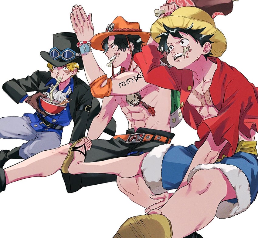monkey d. luffy, portgas d. ace, and sabo (one piece) drawn by hiramughirahimu