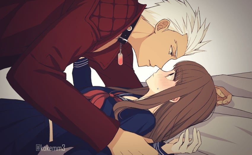 kishinami hakuno and archer (fate and 2 more) drawn by kokemomomi