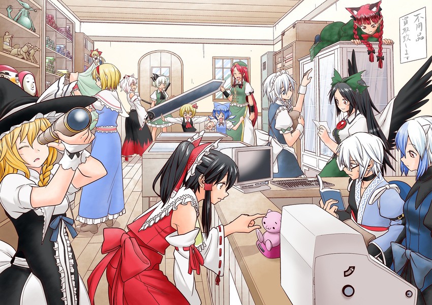 hakurei reimu, kirisame marisa, izayoi sakuya, konpaku youmu, alice margatroid, and 9 more (touhou) drawn by fuuzasa