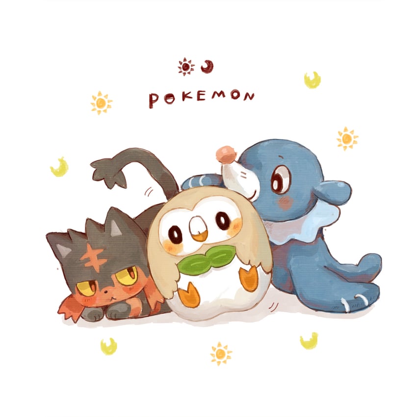 rowlet, popplio, and litten (pokemon) drawn by fumika_(chako_sirokuma)