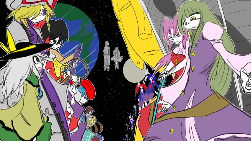 hakurei reimu, komeiji koishi, alice margatroid, yakumo yukari, moriya suwako, and 4 more (touhou and 1 more) drawn by sentaku-bune