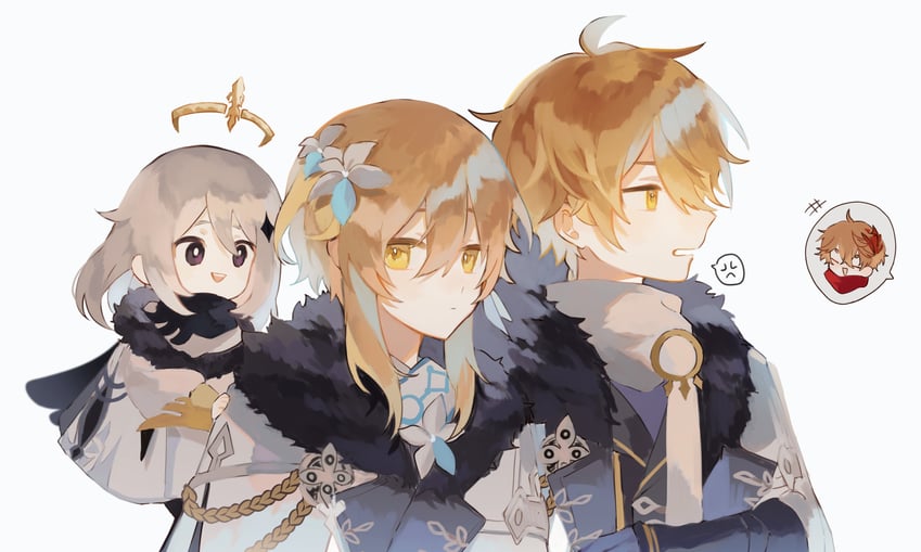 lumine, aether, paimon, and tartaglia (genshin impact) drawn by ferii