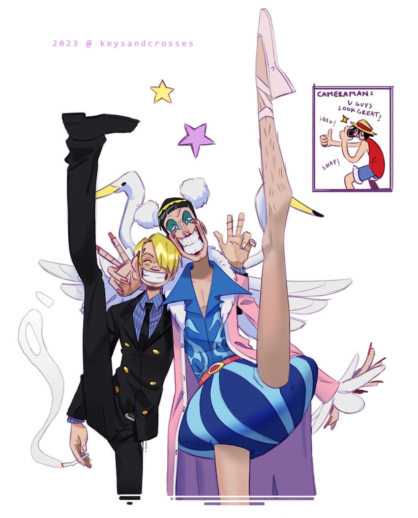 monkey d. luffy, sanji, and bon clay (one piece) drawn by keysandcrosses