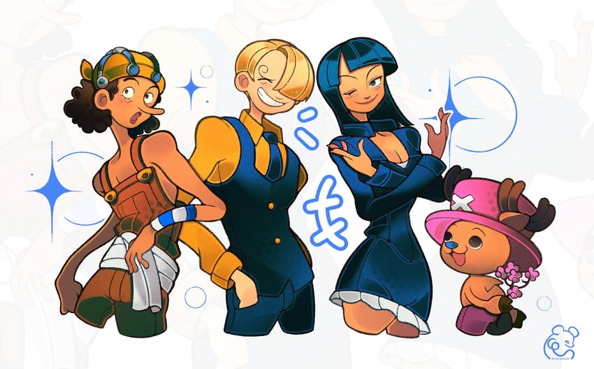 nico robin, sanji, tony tony chopper, and usopp (one piece) drawn by discooco