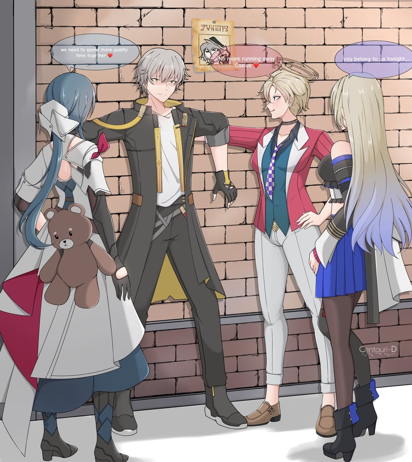 trailblazer, caelus, serval landau, natasha, and siobhan (honkai and 1 more) drawn by centauri-d