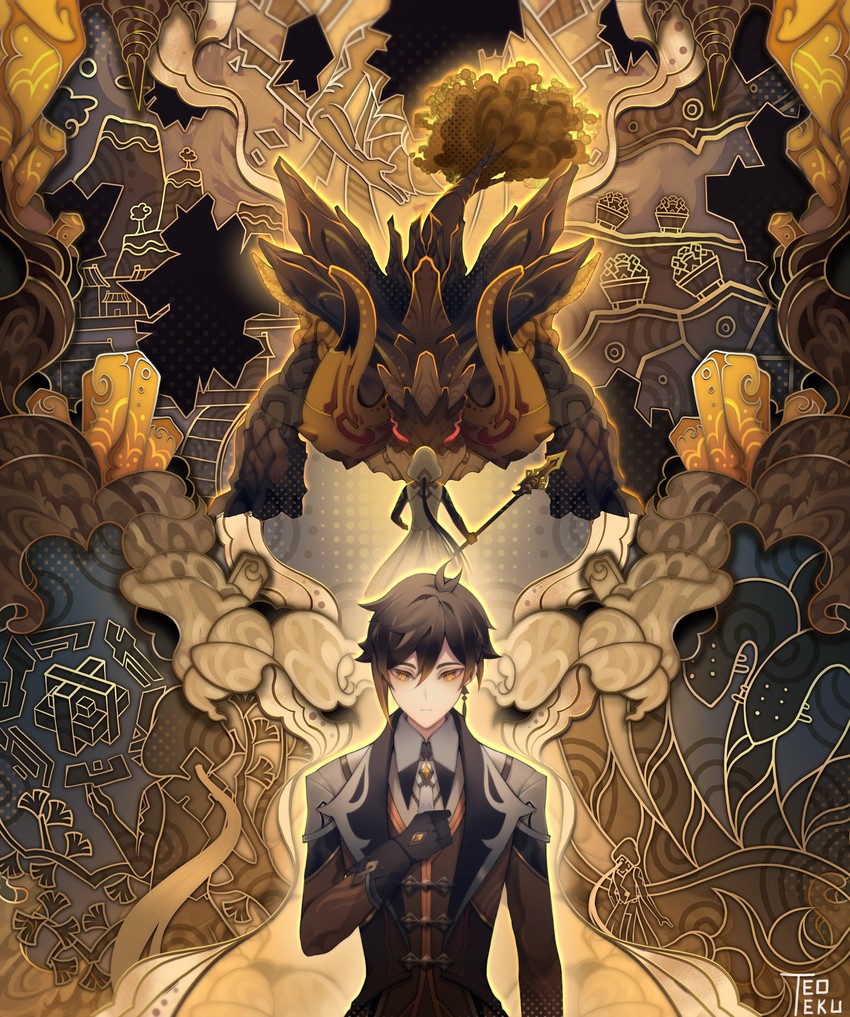 zhongli, azhdaha, and osial (genshin impact) drawn by teoteku