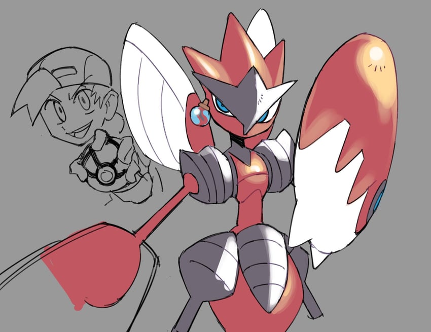 ethan, scizor, and mega scizor (pokemon and 1 more) drawn by caliginousarts