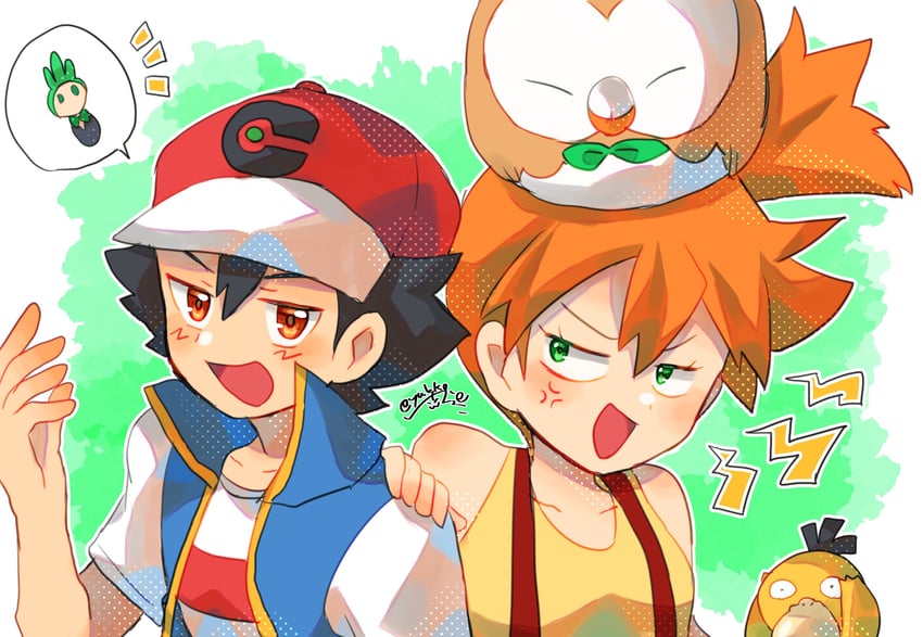 ash ketchum, misty, rowlet, psyduck, and cilan (pokemon and 1 more) drawn by yukko_sou