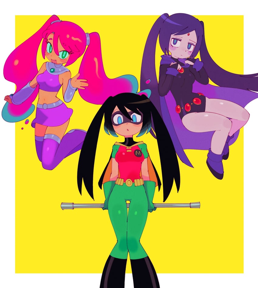 hatsune miku, raven, starfire, and robin (vocaloid and 2 more) drawn by batrobin_k