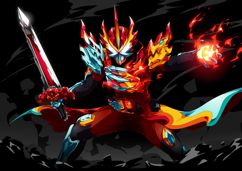 kamen rider saber and kamen rider saber elemental primitive dragon (kamen rider and 1 more) drawn by otokamu
