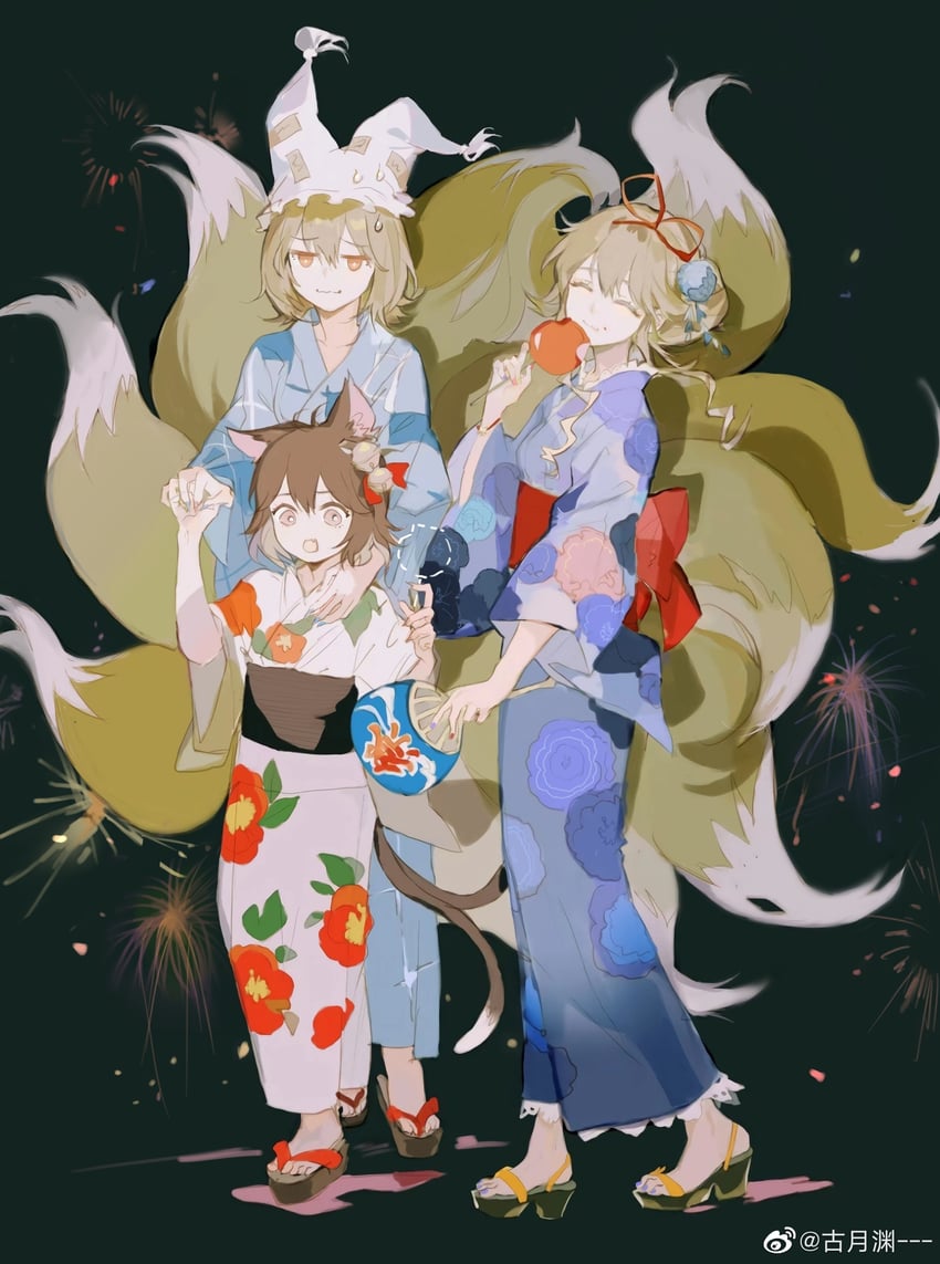yakumo yukari, yakumo ran, and chen (touhou) drawn by gu_yue_yuan
