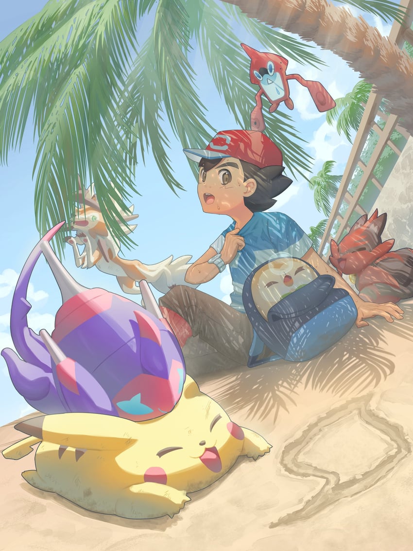 pikachu, ash ketchum, rotom, rowlet, lycanroc, and 3 more (pokemon and 1 more) drawn by mokukitusui