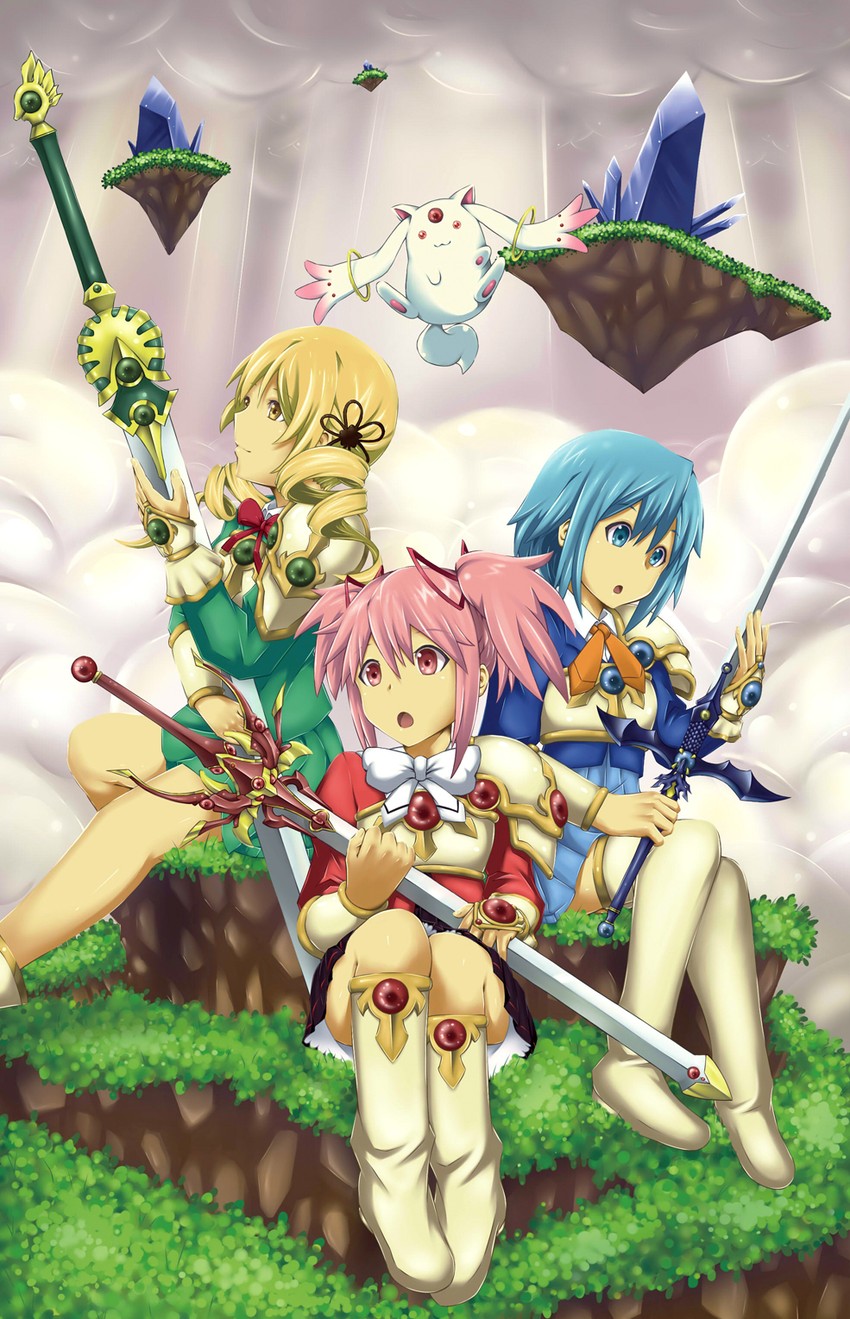 kaname madoka, miki sayaka, tomoe mami, kyubey, shidou hikaru, and 3 more (mahou shoujo madoka magica and 1 more) drawn by kenbi_(hi_himmy)