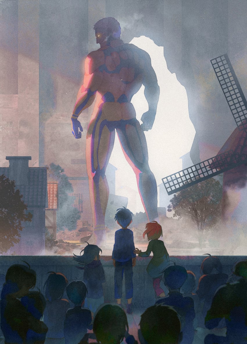 mikasa ackerman, eren yeager, armin arlert, titan, and armored titan (shingeki no kyojin) drawn by meipu_hm