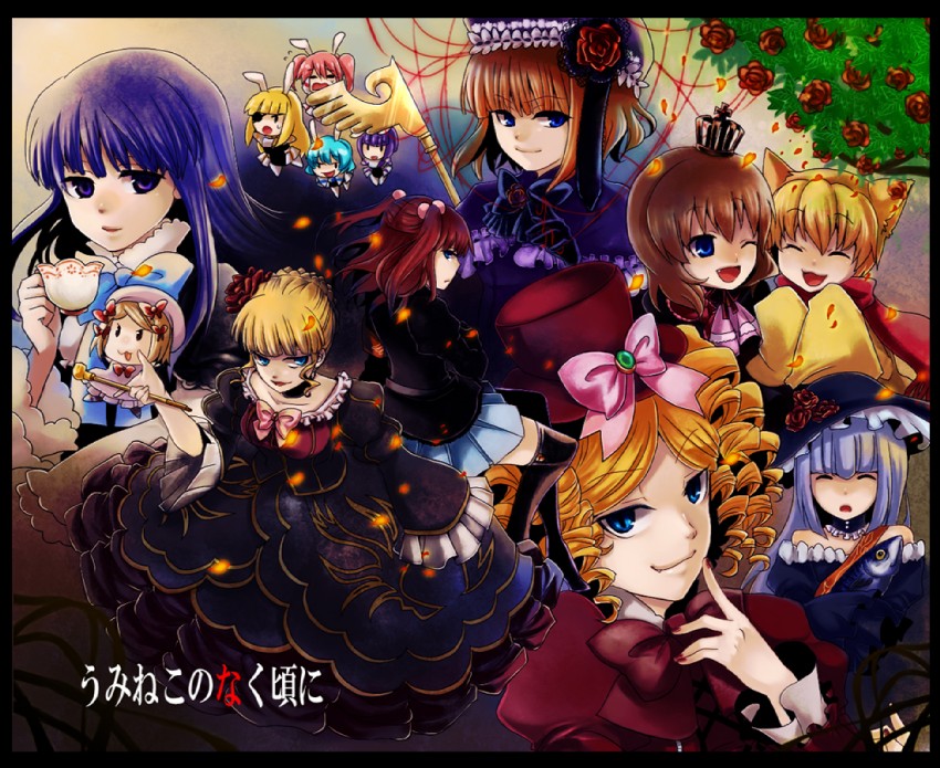 beatrice, ushiromiya ange, frederica bernkastel, ushiromiya maria, lambdadelta, and 9 more (umineko no naku koro ni) drawn by kuriko_(scarlet_sky)