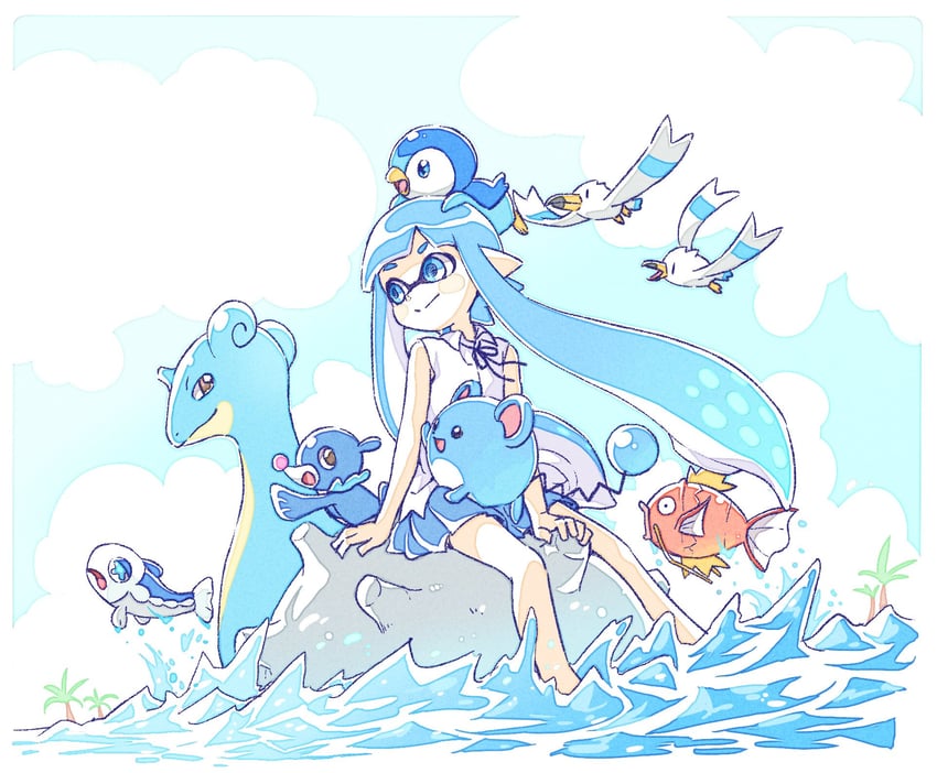 inkling player character, inkling girl, piplup, popplio, lapras, and 4 more (pokemon and 2 more) drawn by sen_squid