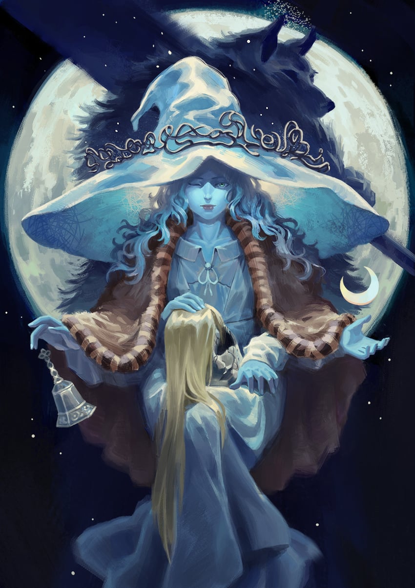 ranni the witch, queen marika the eternal, and blaidd the half-wolf (elden ring) drawn by delarave