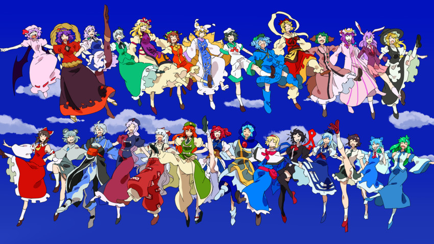 hakurei reimu, kirisame marisa, remilia scarlet, izayoi sakuya, kochiya sanae, and 23 more (touhou and 2 more) drawn by yutarou