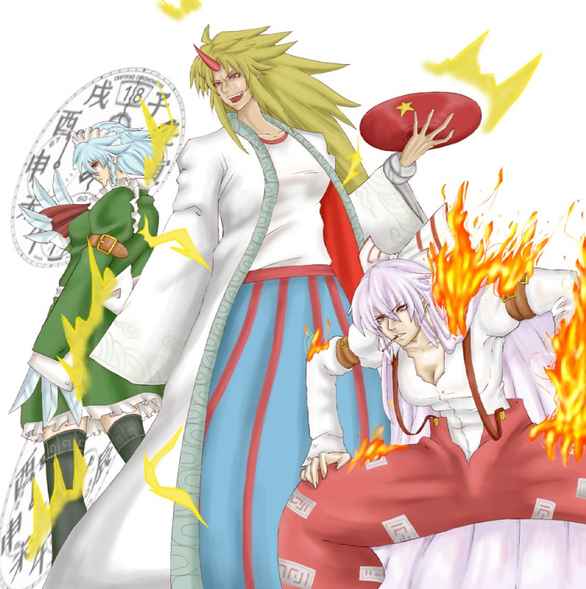 izayoi sakuya, fujiwara no mokou, and hoshiguma yuugi (touhou) drawn by versapro