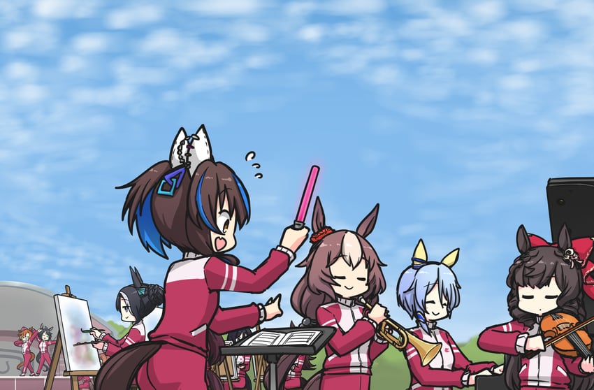 rice shower, eishin flash, t.m. opera o, daitaku helios, smart falcon, and 7 more (umamusume) drawn by hamu_koutarou