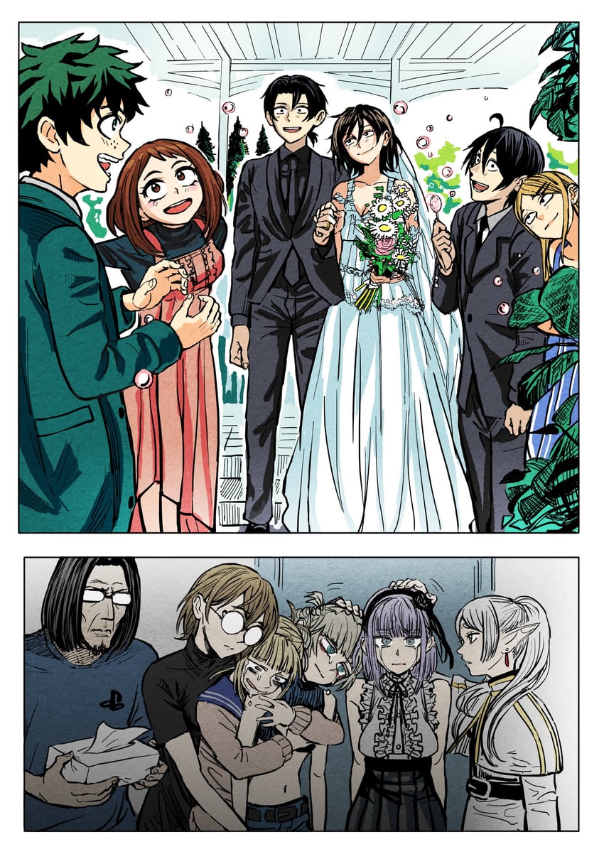 frieren, midoriya izuku, uraraka ochaco, toga himiko, shidare hotaru, and 7 more (boku no hero academia and 4 more) drawn by reiquant