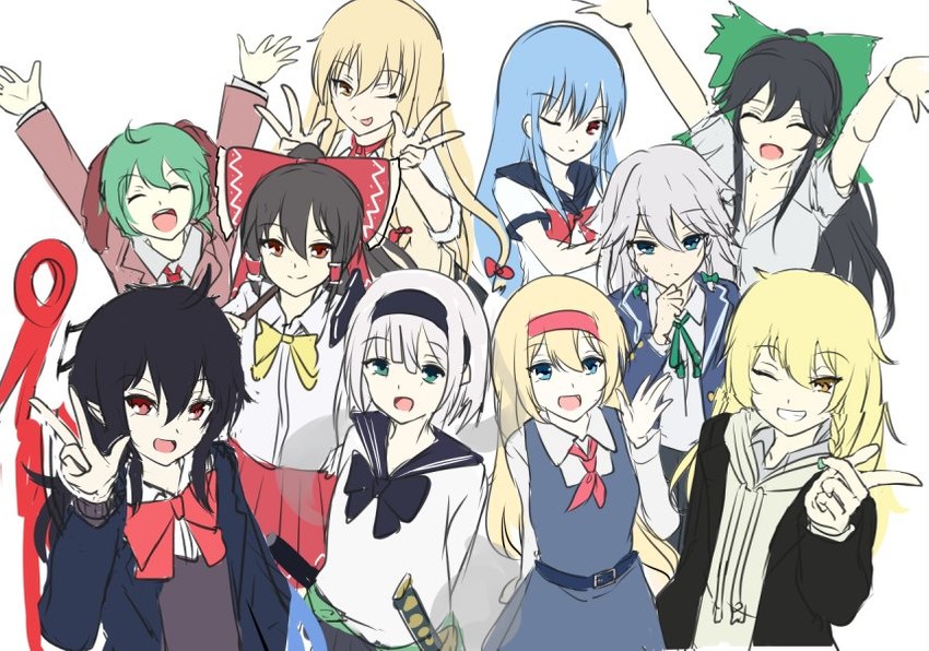 hakurei reimu, kirisame marisa, izayoi sakuya, konpaku youmu, alice margatroid, and 5 more (touhou) drawn by igayan