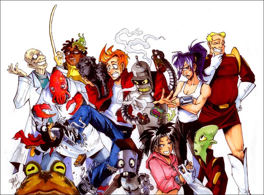 bender bending rodriguez, philip j fry, turanga leela, amy wong, john a zoidberg, and 9 more (futurama) drawn by nina_matsumoto