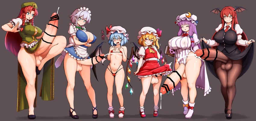 remilia scarlet, flandre scarlet, izayoi sakuya, patchouli knowledge, hong meiling, and 1 more (touhou) drawn by peso_(cheese_company)