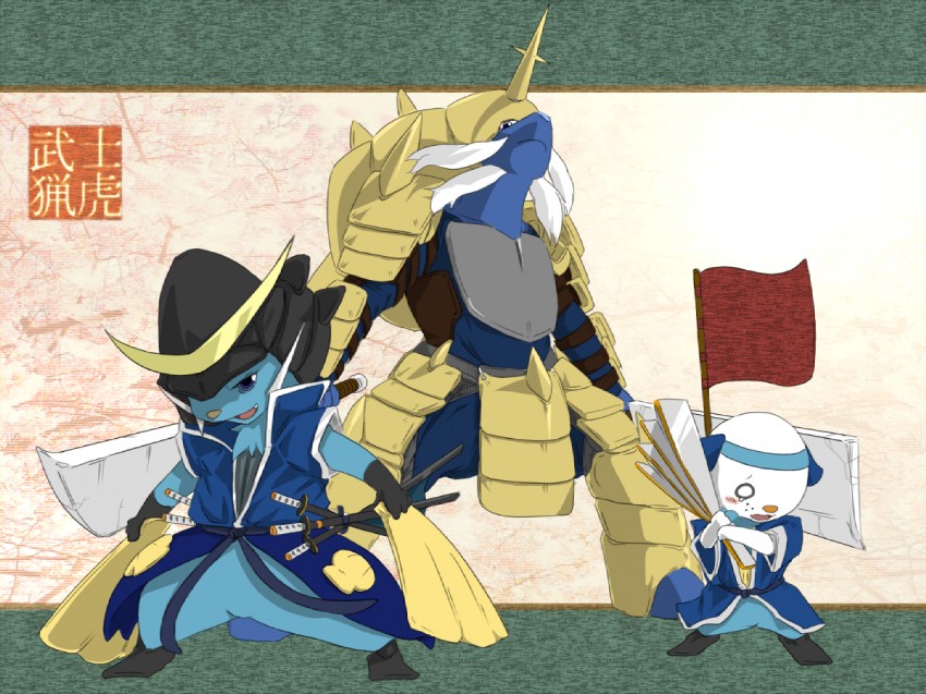 oshawott, date masamune, samurott, and dewott (pokemon and 2 more) drawn by samon_aramaki_samon
