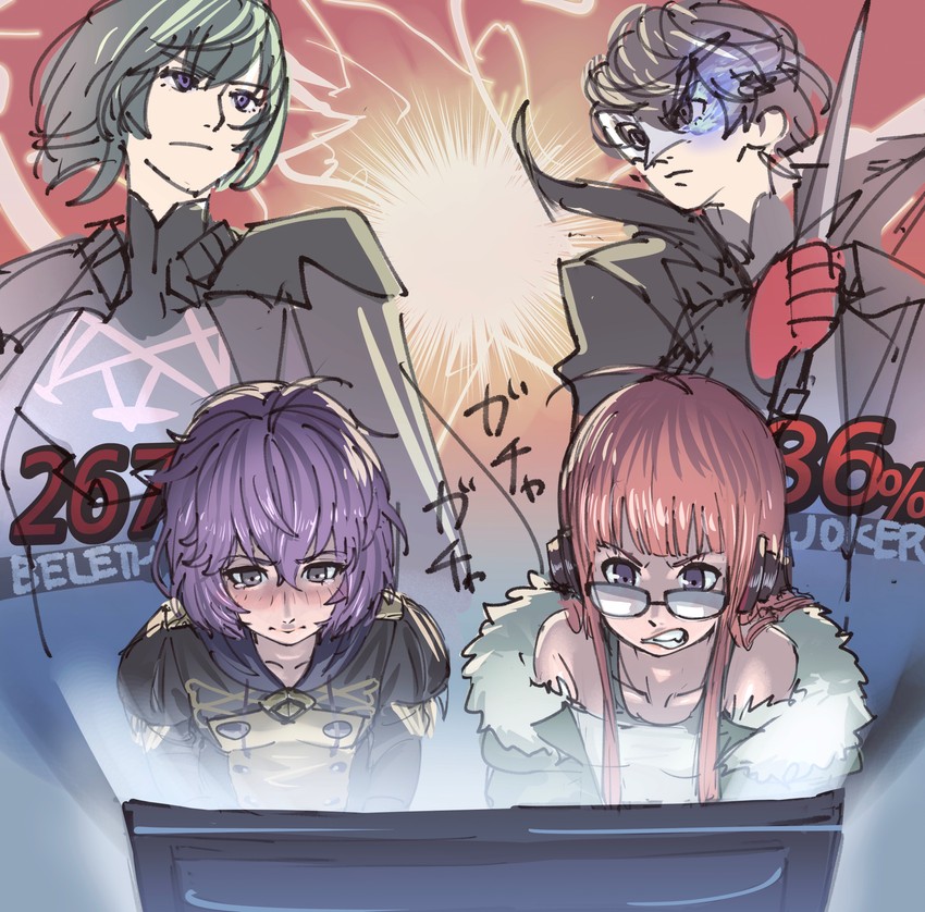 amamiya ren, male byleth, sakura futaba, bernadetta von varley, and joker (fire emblem and 4 more) drawn by poechan_chan